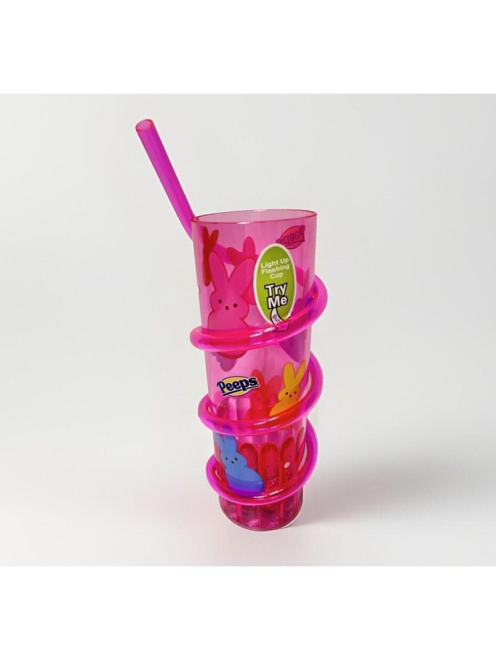 Kids Peeps Cup With Straw Light Up Activated Push Button Pink Colourful Bunnies